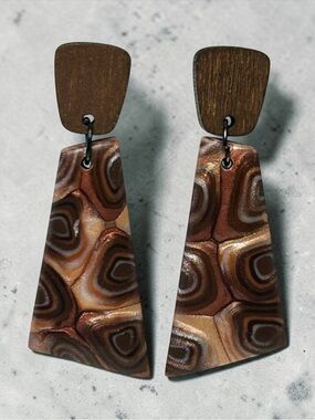 Handmade Bronze & Copper Polymer Clay Dangle Earrings Wood Stainless Steel Posts
